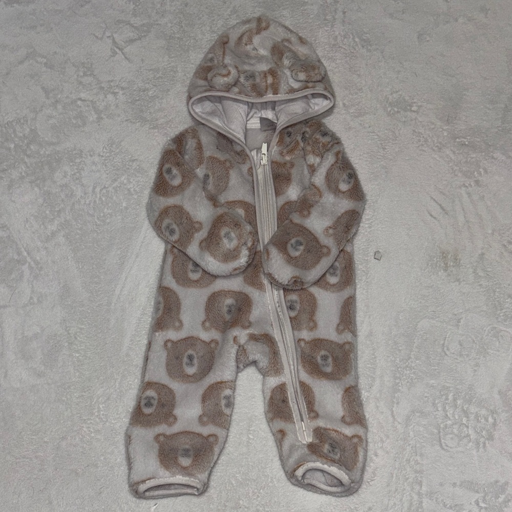 Cozy Bear Hooded Footie - Cream & Brown Plush One-Piece